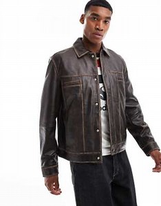 ASOS DESIGN premium real leather western jacket in brown | ASOS