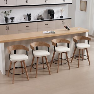 Dayalane Mid Century Modern Bar Stools Set of 4, 26" Swivel Counter Stools with Barrel Back, Linen Upholstered Barstools with Wood Legs for Kitchen Island, Dining Room, Home Bar，White