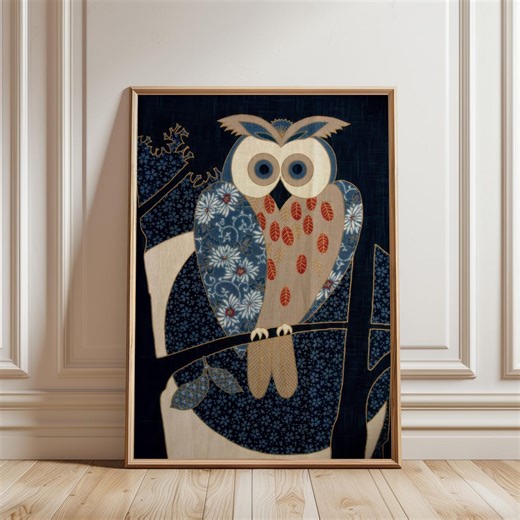 Japanese Owl Printable Poster, Patchwork Bird Artwork Illustration, Textile Pattern Art Download - Etsy
