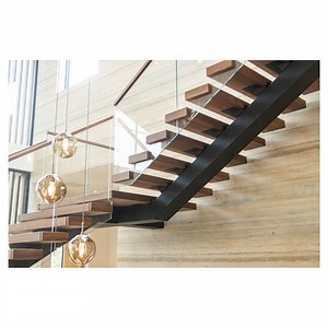 [Hot Item] Tempered Galss Railing Stair Design Straight Single Stringer Steel Wood Staircase