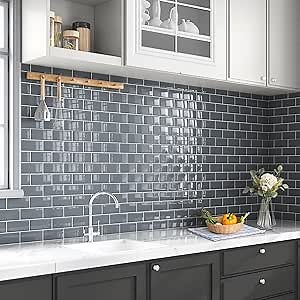 Yoillione Peel and Stick Backsplash for Kitchen: Self Adhesive Wall Tiles for Bathroom - Vinyl Thick Back Splash Tile (10, Dark Gray)