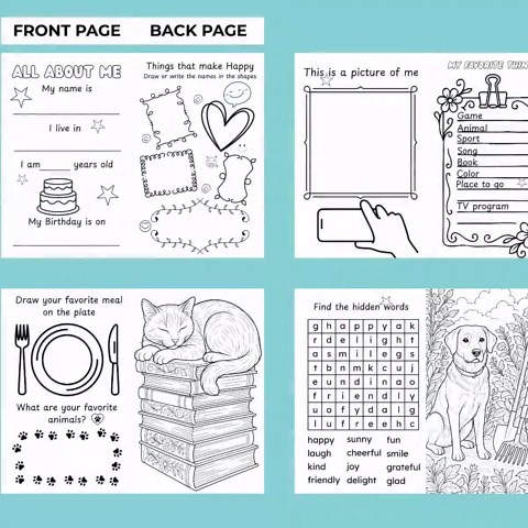 Printable All About Me Kids Mini Activity Book for Travel, Holidays or Quiet Time. Instant Download. 1 Page Folds to Form 8 Page Mini Book. - Etsy