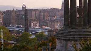 View over Edinburgh from the Calton Hill with the Dugald Stewart Monument and the Political Martyrs' Monument in the foreground
