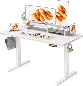 48x24 Inches Electric Standing Desk with Drawer and Monitor Stand, Height Adjustable Desk for Home Office, Ergonomic Sit to Stand with Phone Holder, 3 Hooks, White