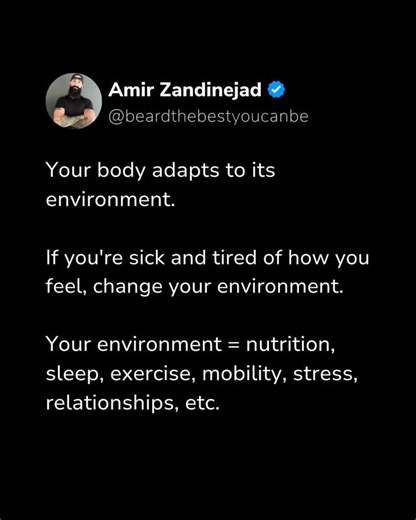 Your body is an adaptation machine… for better or for worse. Every cell in your body is constantly responding to the inputs you give it. The food you eat. The hours you sleep. The way you train (or don’t). How you manage stress. Even the quality of your relationships. All of these shape the way your body feels and functions. This is why two people of the same age can feel completely different. One feels broken down. The other feels energized and capable. The difference isn’t luck — it’s environm