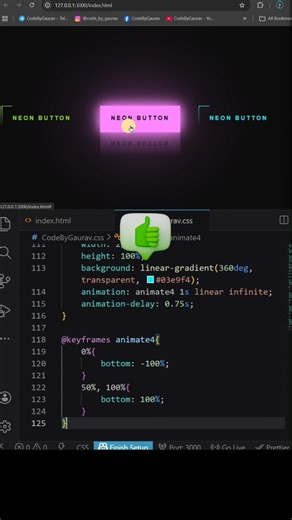 🔥 Glowing Neon Button using HTML & CSS Create a modern neon glow hover effect without using JavaScript ✨ Perfect for portfolios, landing pages, and gaming UI. Watch the demo 👇 [https://youtu.be/Auf-oNboZQY] 💬 Comment your favorite color — Blue 🔵 or Pink 🩷 ? #webdevelopment #html #css #cssanimation #frontend #uidesign #coding #programming | Code By Gaurav