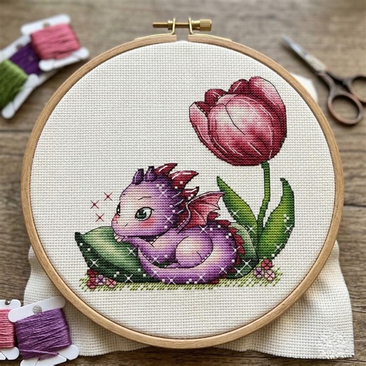 Dragon With Tulip Cross Stitch Pattern, Fantasy Dragon (digital Download PDF) - Etsy