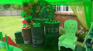 MINECRAFT theme This setting included circular backdrop ; balloon garland ; 3 x plinths ; throne chair ; party pack stand PLUS PLUS PLUS .....Funfoods ........Candy floss ; Pop corn & Slush puppie with operators , housed under a theme coloured gazebo ......PLUS PLUS PLUS ......a12m double lane waterslide for the kiddies & adults to cool off in the blistering heat. | Hoppers & Bugs Children's Party Planner and Jumping Castles | Facebook