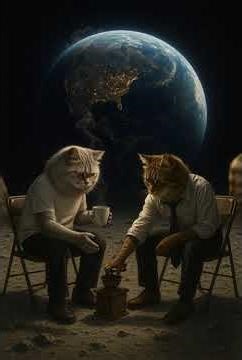 Coffee Break on the Moon: Two Cats Reflect Beneath Earth’s Glow