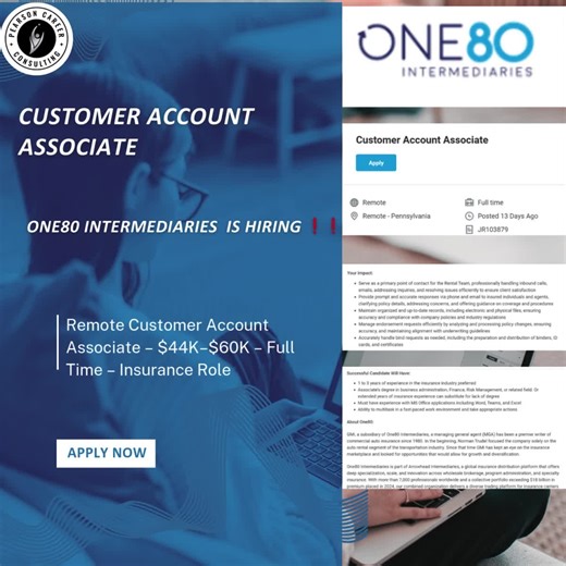 Customer Account Associate 📌 One80 Intermediaries is HIRING ❗❗ 📍 Location: Remote (Pennsylvania) 💼 Type: Full-Time 💰 Pay: $44,000 – $60,000 per year 📩 Apply Here: https://insbrk.wd5.myworkdayjobs.com/en-US/One80Careers/job/Customer-Account-Associate_JR103879?fbclid=IwY2xjawPIqeRleHRuA2FlbQIxMABicmlkETFOTUpaVWRtV20xYUo1ZTFqc3J0YwZhcHBfaWQQMjIyMDM5MTc4ODIwMDg5MgABHiU4HAtSjHjkMUy4BLLmMfLy1deHGj4elO264u7Q8WfCcacxJCOMZ95FkUad_aem_CmEwo_g2eELQss8K0mLwQQ Work from home as a Customer Account Associ