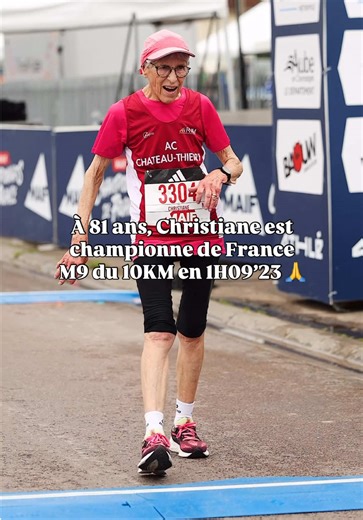 😍 Félicitations à Christiane Krabal (🇫🇷) sacrée championne de France du 10 kilomètres ce matin à Troyes en 1H09’23 ! 🙆‍♀️ À 81 ans, et dans la catégorie M9. C’est une vitesse de 8,65 km/h et 6:56/km de moyenne. Chapeau Madame 👏👏