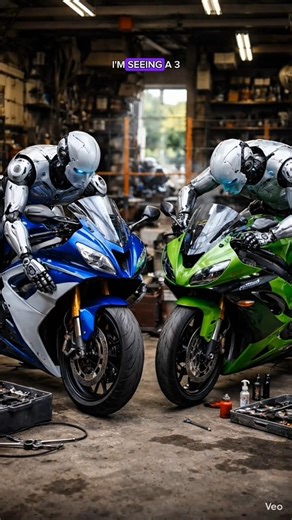 Robots Tune Yamaha R6 & Kawasaki Ninja 6R – Futuristic Motorcycle Workshop”