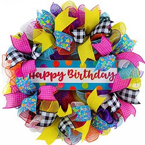 Birthday Wreath for Front Door - Family Happy Birth Day Decor - Pink Red Blue White Yellow