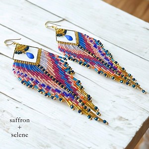 Aztec Beaded Dangle Earrings: Lapis, Coral & Gold, Boho Fringe - Etsy Australia