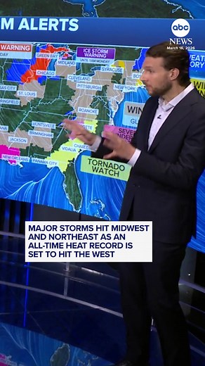 Severe weather alerts are stretching across the country, with record heat in the West, fire danger in the South and storms heading across the Midwest and Northeast. ABC News’ Kenton Gewecke breaks down the latest forecasts. #weather #storms #tornadowarning #heatwave #blizzard