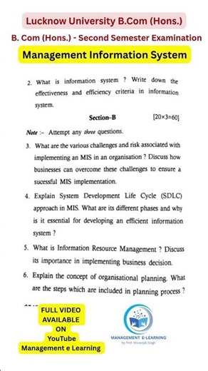 Management Information system ,Lucknow University B.Com (Hons.)2nd semester exam 2026