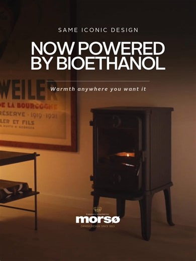 Morsø’s iconic cast-iron design – now as a smoke-free bio stove ✨ The same craftsmanship and atmosphere, but portable and completely chimney-free. | Morsø