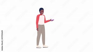 Animated guy clicking remote control. Managing devices. Student showing presentation. Flat character animation on white background with alpha channel transparency. Color cartoon style 4K video footage
