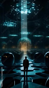 Spacecraft Data Processing Room Rows of quantum computers hum softly as they process encrypted messages and data from a distant spaceship, ensuring that communication remains secure and