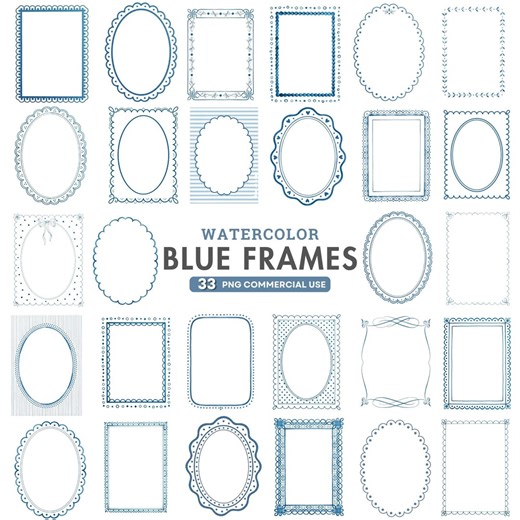 Blue Frames Clipart, Watercolor Frame PNG, Baby Shower Frame, Invitation Frame, Blue Ribbon Border, Hand Drawn Frame, Scalloped Border PNG - Etsy