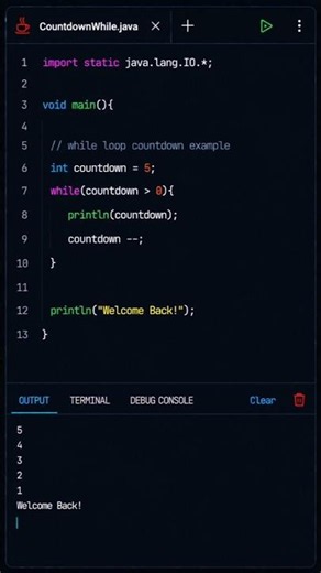 Countdown example in while Loop java 🌹❤️❤️🌹 #coding #python #java #ai