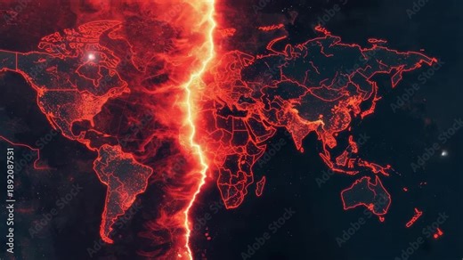 Glowing red world map split by molten fault line with lightning and dramatic energy