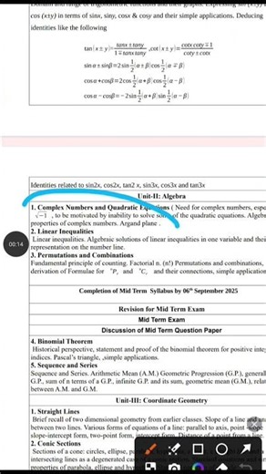 class 11 maths syllabus 2025-26 for mid term exam/ exam mid term syllabus 2025 / doe