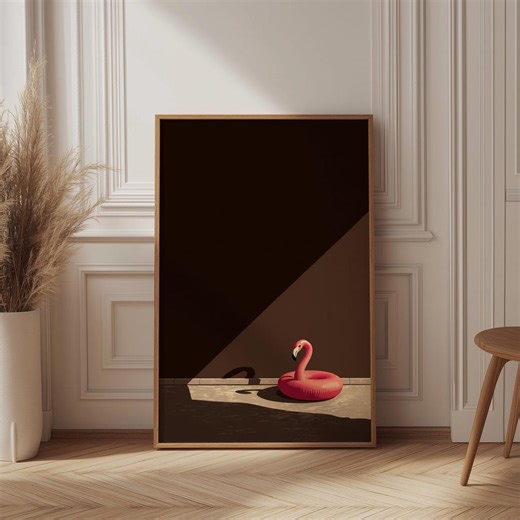 Minimalist Flamingo Print, Pink Pool Float Art, Surreal Summer Poster, Dark Brown Aesthetic, Shadow Play, Eclectic Home Decor, Retro - Etsy