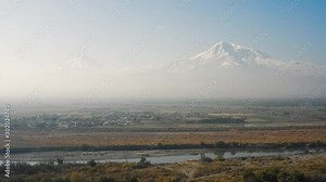 Greater Ararat and Little Ararat. View from side of Armenia