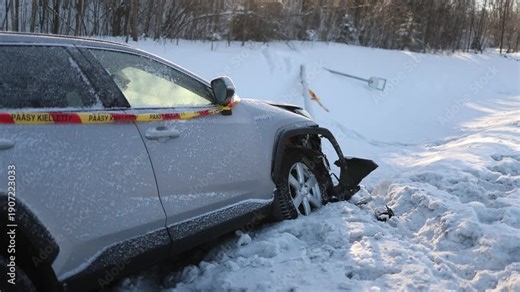 Crashed car in snowy ditch during harsh winter weather icy road and extreme driving conditions