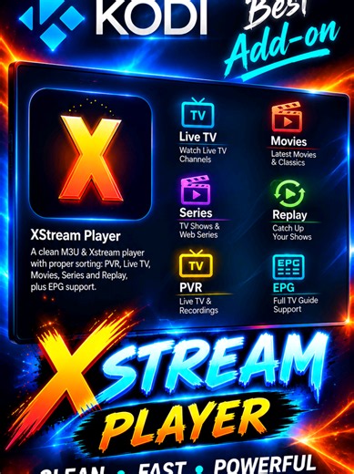 🚀 XStream Player for Kodi — clean, fast & powerful! 📺🎬 Live TV • Movies • Series • Replay • EPG #tech #fyp #kodi #tips
