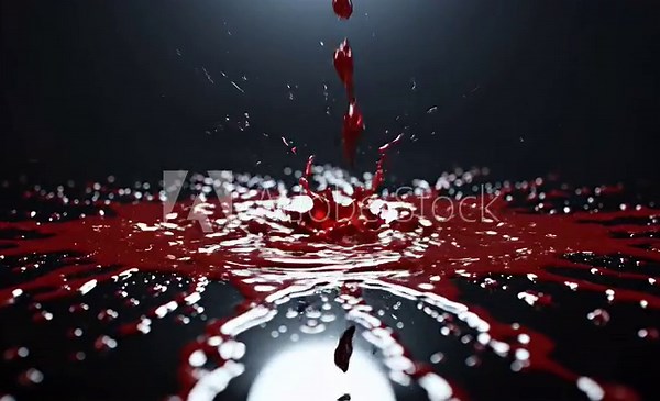 Dark and dramatic scene of thick red blood dripping and pooling on a glossy black surface with cinematic lighting