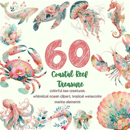 Tropical Reef Clipart, Decorative Sea Creatures Watercolor, Colorful Shells Crab Fish Ocean Illustrations, Summer Beach Graphics Set - Etsy