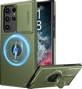 FUNMIKO for Samsung Galaxy S23 Ultra Case with Sliding Camera Lens Protector,Wireless Charging Compatible,Magnetic Kickstand,Shockproof Protective Phone Cover for Men Women Girls,Olive Green