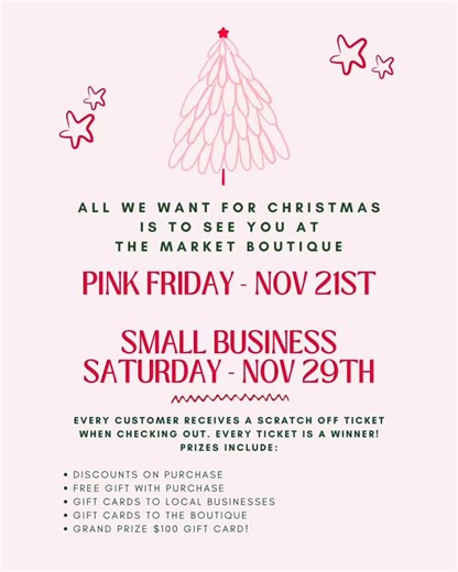 💖 Pink Friday & Small Business Saturday Are Almost Here! 💖 We’re counting down to our favorite shopping days of the year — two amazing opportunities to celebrate you, our wonderful customers, and the incredible small businesses in our community! 🛍️ Here’s what’s happening: ✨ Pink Friday – Thursday, November 21 Kick off the holiday season early! Skip the big-box chaos and join us for a day all about shopping small, finding fabulous gifts, and celebrating local love before the Black Friday rush