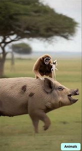 Funny gibbon using pig and human as its transporting method