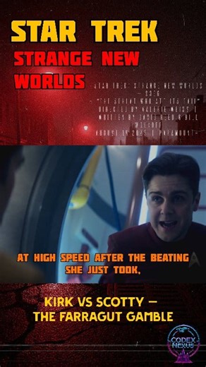 🎬𝗞𝗜𝗥𝗞 𝗩𝗦 𝗦𝗖𝗢𝗧𝗧𝗬 — 𝗧𝗛𝗘 𝗙𝗔𝗥𝗥𝗔𝗚𝗨𝗧 𝗚𝗔𝗠𝗕𝗟𝗘 🎬 When the #USS_Farragut limps through the void, #Kirk demands warp speed. #Scotty knows it could tear the ship apart. From #StarTrek #StrangeNewWorlds Season 3 Episode 6 — “The Sehlat Who Ate Its Tail”, directed by Valerie Weiss and written by David Reed & Bill Wolkoff. Two icons at odds — the commander who pushes beyond limits, and the engineer who knows what those limits cost. STAR TREK: STRANGE NEW WORLDS — S3E6 “THE SEHLAT