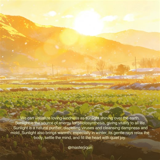 December 7 — Major Snow Introduction: Major Snow is the third solar term of winter, usually falling around December 7 or 8. It marks the time when snowfall increases and temperatures drop significantly. On this day, people traditionally cure meat in preparation for the New Year and enjoy warm sweet potato congee. We can visualize loving-kindness as sunlight shining over the earth. Sunlight is the source of energy for photosynthesis, giving vitality to all life. Sunlight is a natural purifier, di