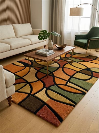 Mid-century Modern Geometric Area Rug – Abstract Earth Tone Carpet With Bold Curves, Retro Living Room Decor, Cozy Statement Rug - Etsy