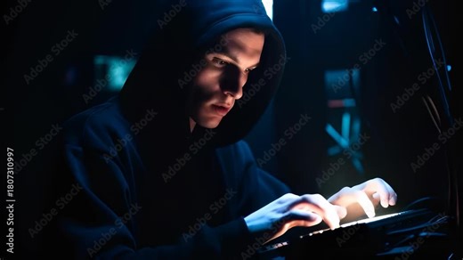 A hooded cyber spy commits industrial espionage by typing malicious code in a dark room. A concept of unauthorized data theft and corporate security breach. 4K video footage.