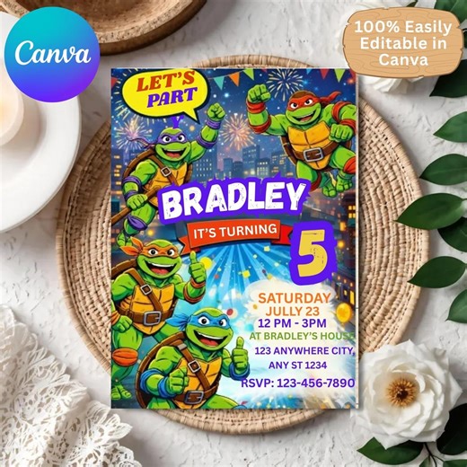 Editable Ninja Turtle Birthday Invitation Canva Template | Cartoon Action Party Invite for Kids - Etsy
