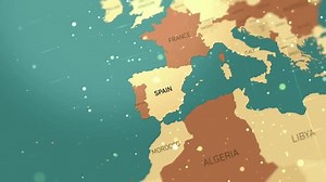 An animated map of Spain with smooth transitions, highlighting key cities like Madrid, Barcelona, and Seville. The animation includes zoom-ins and location markers for a dynamic, engaging effect.