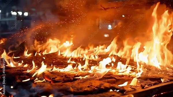 A large fire engulfing a stack of wooden pallets, creating bright flames and smoke in an industrial setting.