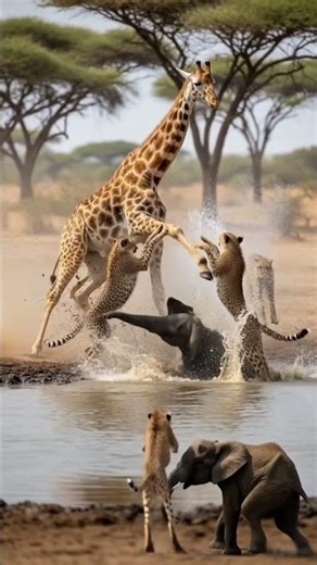 Giraffe Fights Off Cheetahs and a Baby Elephant in Wild Waterhole Clash