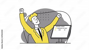 The guy-programmer waves his hands to the sides. The joy of successful work. Remote work. A programmer is working on the next big thing. Coding on-screen PC, HTML coding, web development, developer.