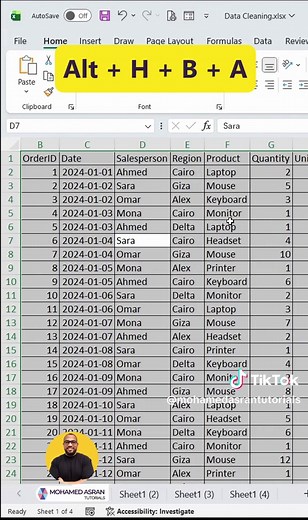 داتا Excel مبهدلة؟ أعمدة ضيقة، صفوف مش واضحة، ولا أي تنسيق الحل في 4 اختصارات: Ctrl A لتحديد كل البيانات Alt H O I لضبط عرض الأعمدة Alt H O A لضبط ارتفاع الصفوف Alt H B A لتطبيق الحدود Ctrl T لتحويل البيانات لجدول احفظ البوست،عشان لما تحتاج الاختصارات دي و انت شغال #Excel #ExcelTips #ExcelShortcuts #DataAnalysis #اكسل #اختصارات_اكسل