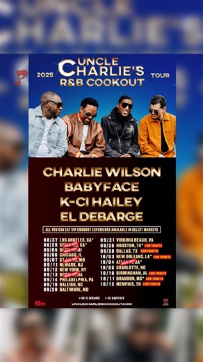 R&B Cookout Tour!🔥 We are out here having a TIME!! It’s all love, family, great music and good vibes.🎶❤️ Thank you everyone who’s come out thus far to party with me, @babyface, @kcihailey & @iameldebarge🎉 We’re loving every minute of it!! | Charlie Wilson
