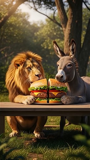 DonkDine on Instagram: "Donkey Surprises Lion While Eating Giant Burger 😂 They Both Crack Up! #ai #funny #donkey pulls a hilarious #surprise on the #lion while they’re devouring a giant #burger—watch them burst into laughter in the forest! 😂🐾 Smash the like button if this made you smile, and don’t forget to follow for more wild comedy!"
