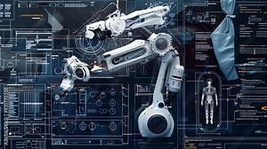 Robotic Precision: A futuristic robotic arm, intricate in its design, precisely works on a task against a backdrop of technical blueprints and schematics. This image embodies the precision and efficie