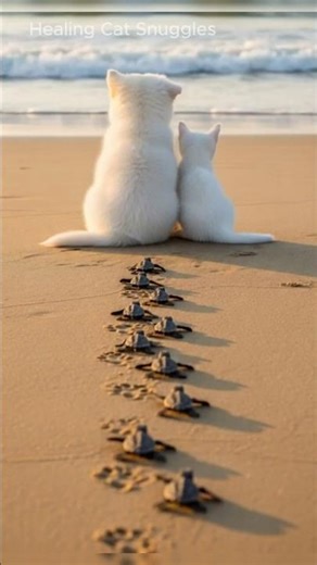 Big Cat Got Scared of the Turtle and Hugged Its Friend on a sandy beach🐱🐢#cat #cuteanimal #shorts